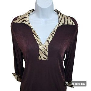 Kiara Blouse, Women L, Brown w/ Satin Animal Print Trim, V-Neck, Collared, EUC